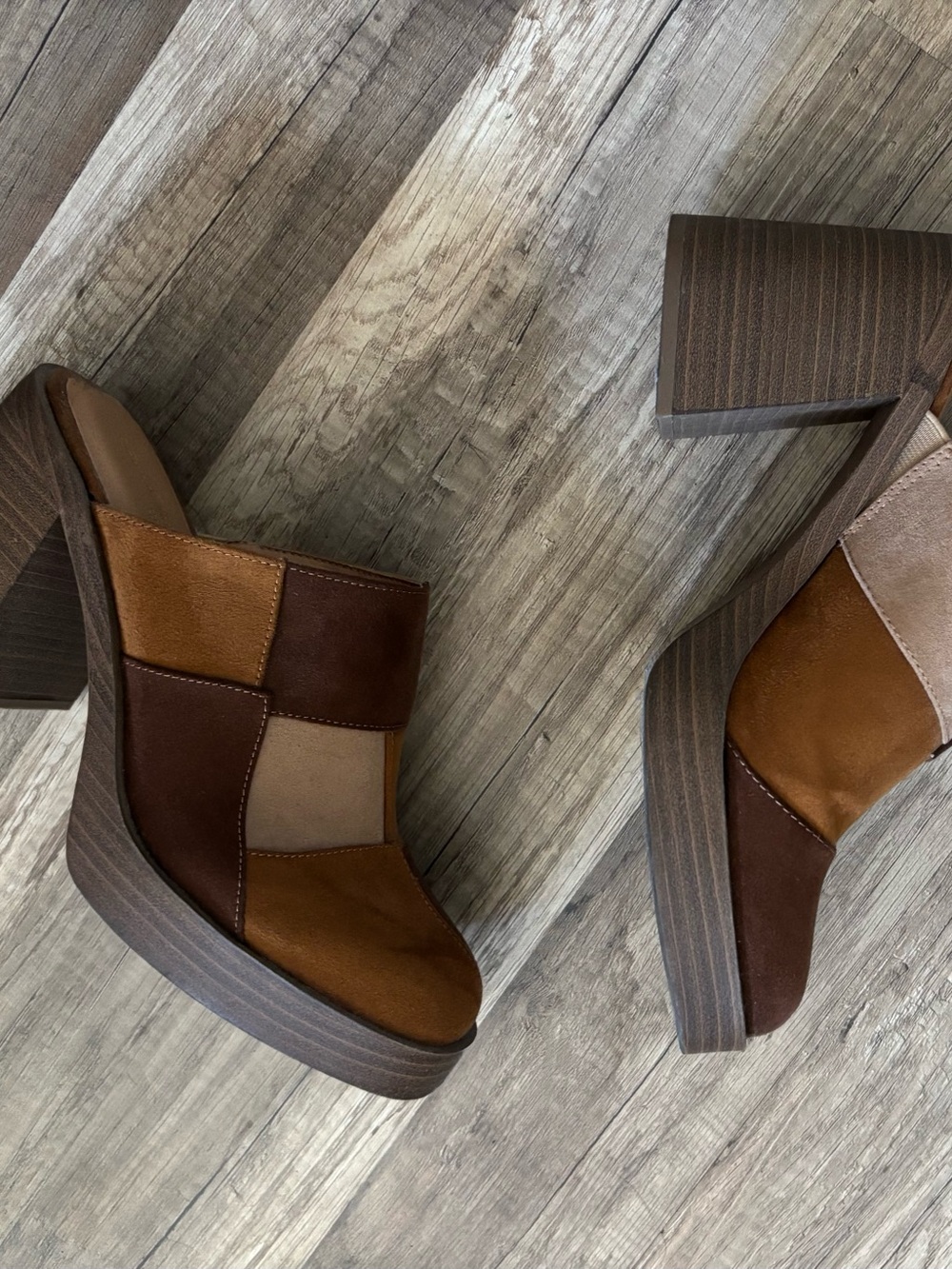 Universal Thread Brown Patchwork Platform Mules
